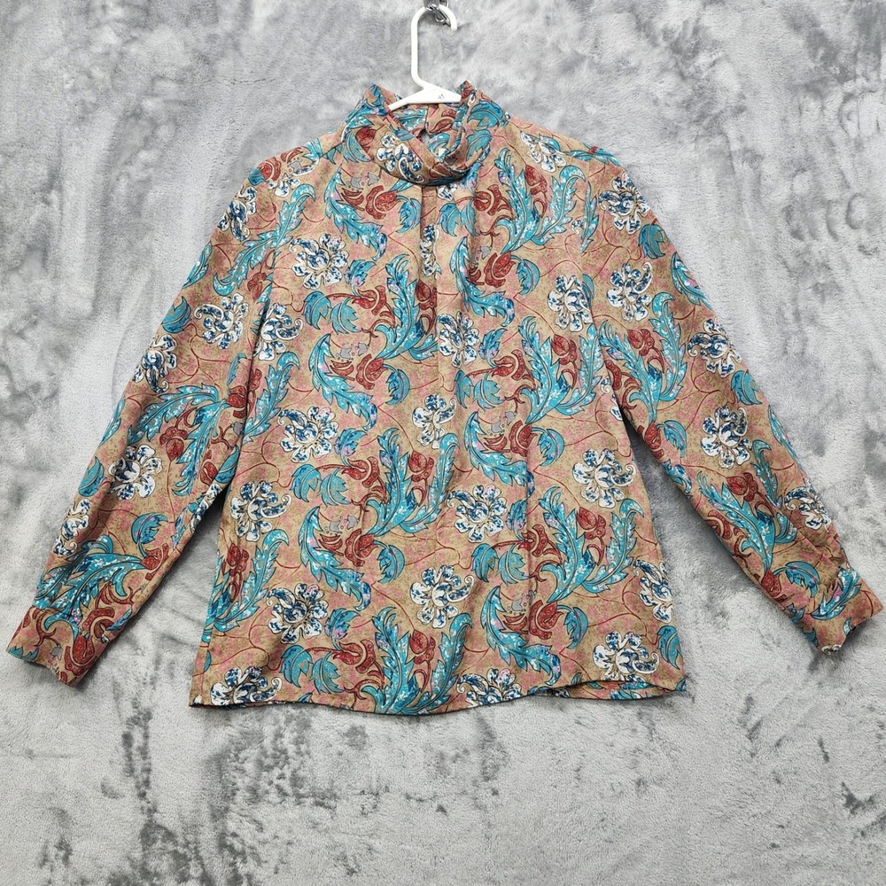 Vintage Classic Collection Top Womens 10 Tan‎ Blue Floral High Neck Long Sleeves
